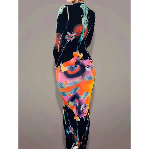 Vintage Style Long Sleeve Abstract Print Crew Neck Fashionable Dress, NWOT - Picture 3 of 6